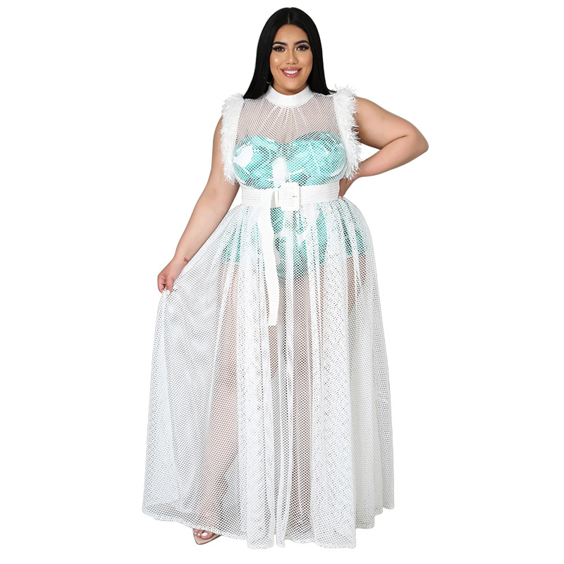 Gonna lunga in rete sexy trasparente dal temperamento da donna, abito a due pezzi plus size_voghion.com