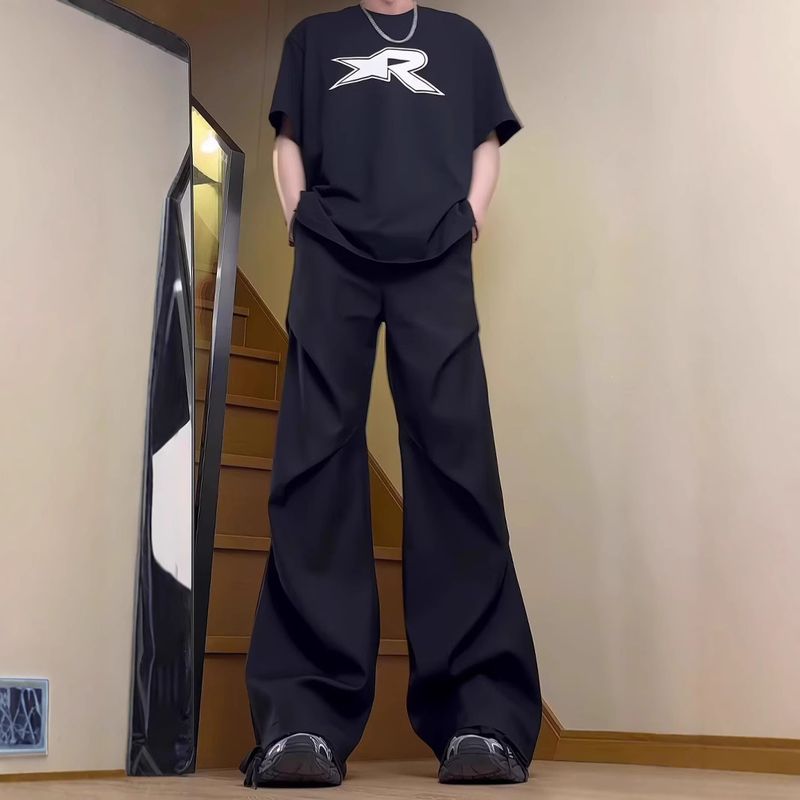 Amerikanische High-Street-Hose, plissiert, drapiert, einfarbig, Unisex, lässig, leicht ausgestellt, hochwertiges Design, Cleanfit-Hose_voghion.com