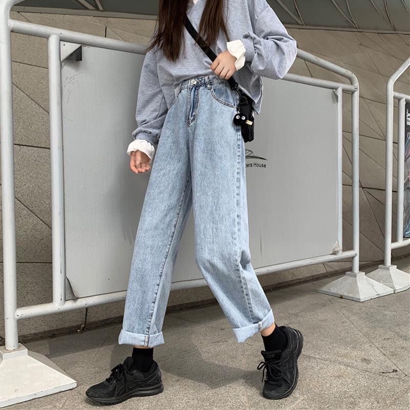 Lose weite Jeans für Damen im Herbst, koreanische Version, hoch taillierte Freizeithose für Studenten, gerades Bein und ein Gefühl_voghion.com