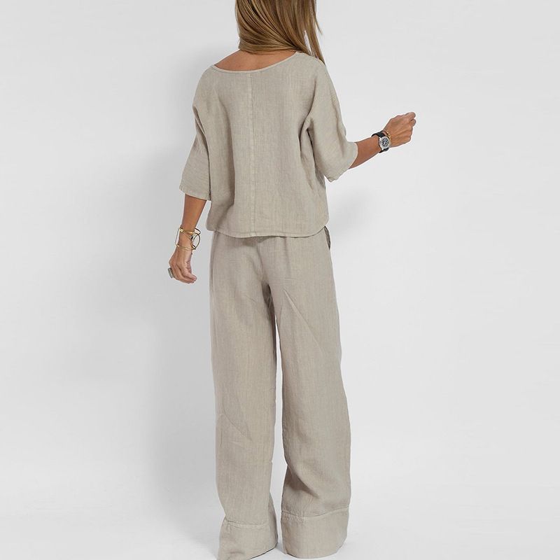 Women's Clothing Casual Fashion Pocket Trousers Beach Suit Short Sleeved Top Pullover Suit Female Cotton And Linen Solid Color Two Pieces_voghion.com