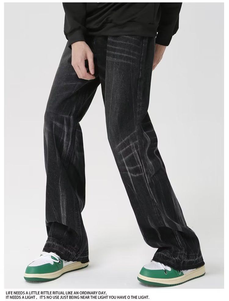 Schwarze verwaschene Distressed-Jeans für Herren, amerikanische gerade, stapelbare Vibe-Freizeithose mit Farbverlauf_voghion.com