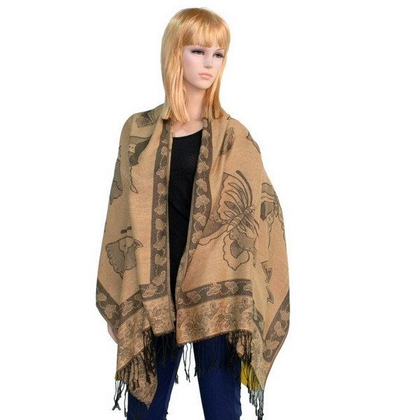 Blancho Bedding -Pa-a66-2 Khaki Big Butterfly & Flower Elegant exquisitely Soft Tassel Ends Pashmina/Shawl/Scarf_voghion.com