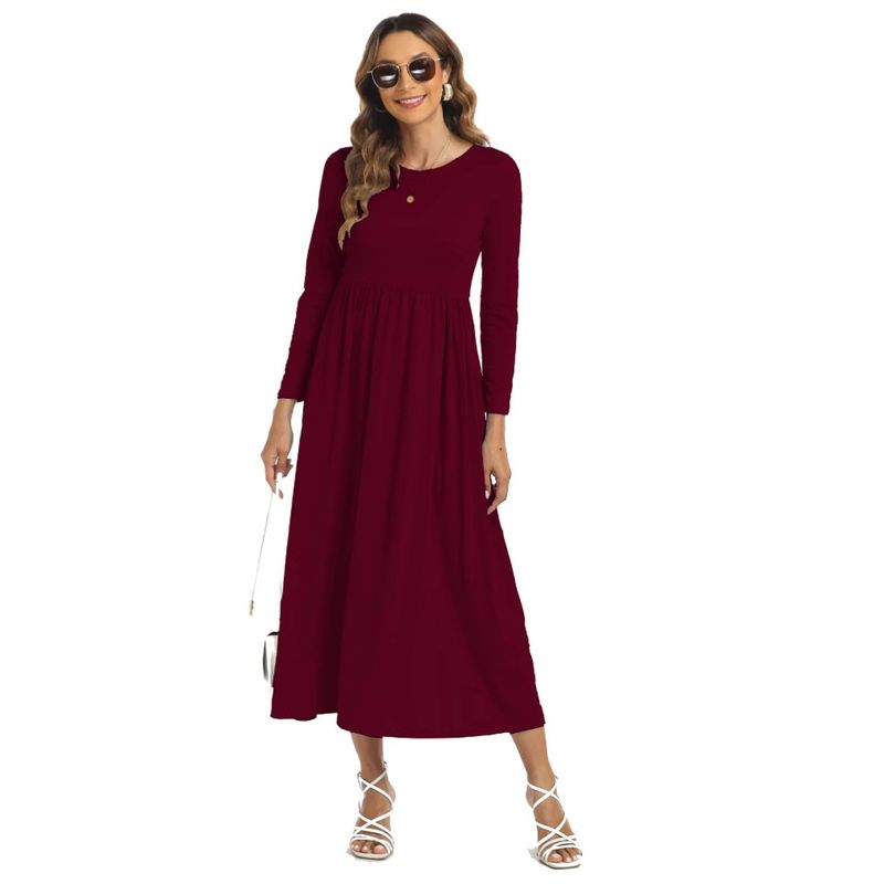 Elegant Maxi Dress With Flutter Sleeves Inspired Long Sleeve Dress For Women (S-XL, Round Neck, A-Line, Wine/Black/Navy, Modest & Chic)_voghion.com