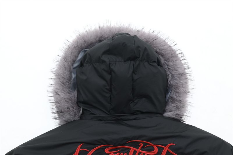 Chaqueta de algodón con capucha y cuello de piel bordada con letras góticas para hombre, moderna chaqueta de invierno gruesa con cuello alto desmontable_voghion.com