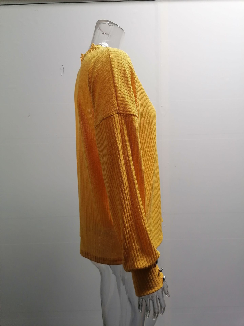 Maglione da donna in pizzo con scollo a V, maglione da donna, maglione sciolto a maniche lunghe in tinta unita_voghion.com