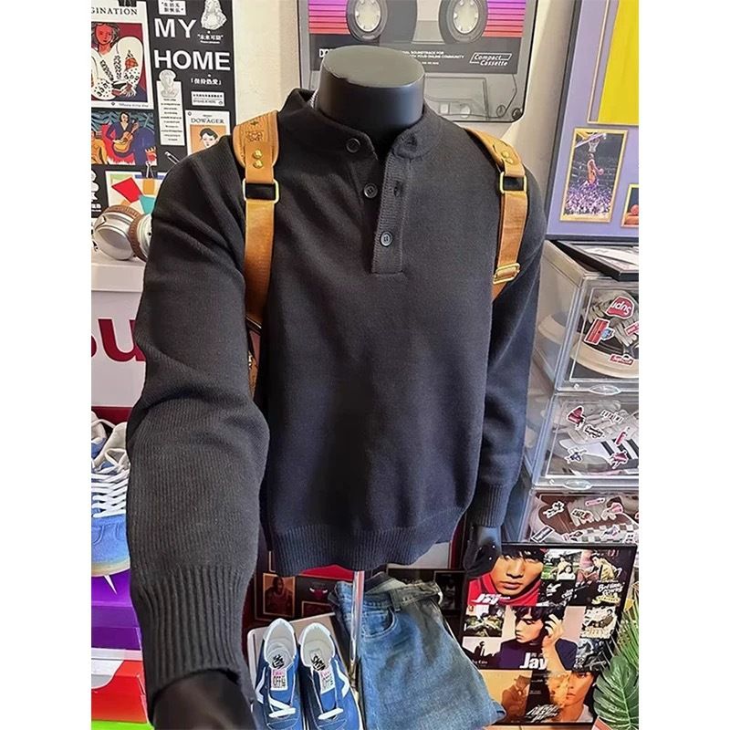 Suéter de cuello americano Henry para otoño e invierno, tejido superior para hombre, estilo relajado y de alta gama, capa interior básica._voghion.com
