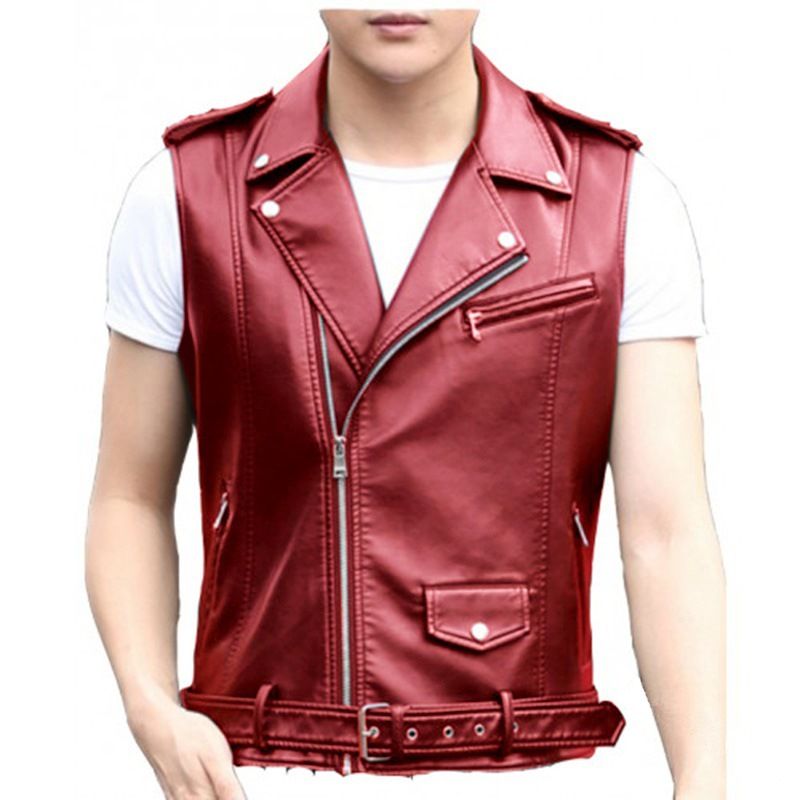 Chaleco de cuero sin mangas para hombre, estilo punk, ajustado, con cremallera en diagonal, de PU_voghion.com