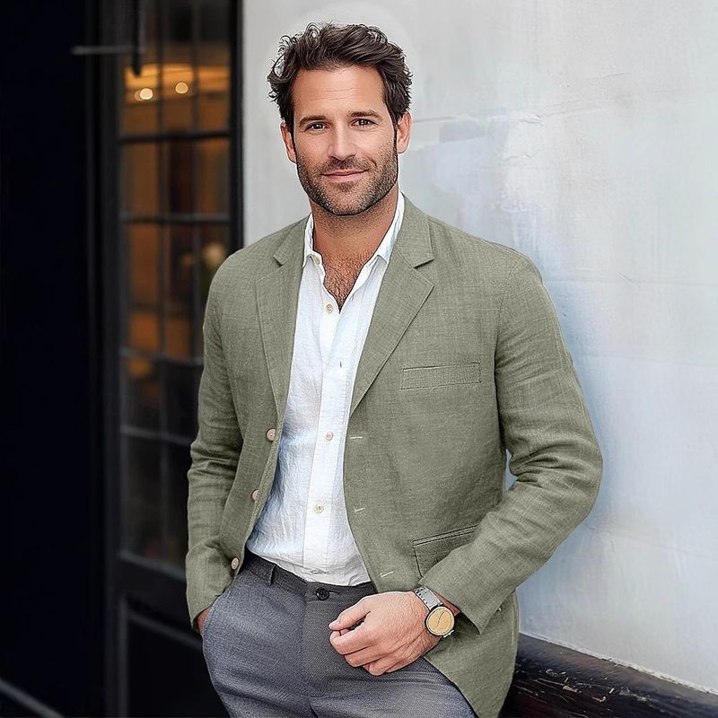 Veste de costume décontractée en coton et lin pour homme, couleur unie, taille européenne_voghion.com