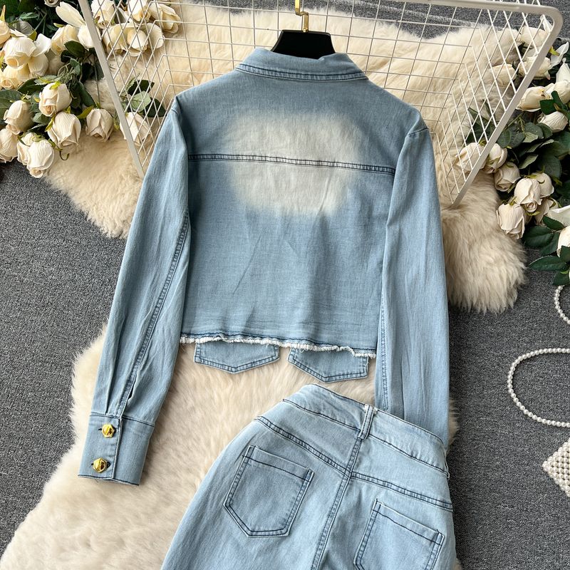 Abbigliamento da donna Dolce e fresco ragazza calda retrò design buco usurato vestito di jeans femminile autunno camicia a maniche lunghe + pantaloni a vita alta slim_voghion.com