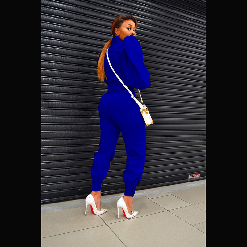 Damenbekleidung Mode Persönlichkeit Design Sinn für einfarbige Blase Ärmel Reißverschluss hoch taillierte Hose zweiteiliger Anzug_voghion.com