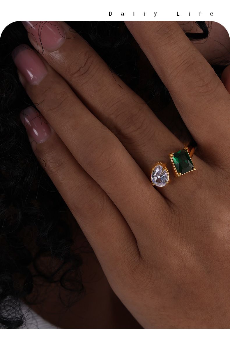 Geometrische Zirkon-Akzente, leichter, luxuriöser, stapelbarer Schmuck für den Alltag, hypoallergener, verstellbarer offener Ring aus Titanstahl für Frauen,_voghion.com