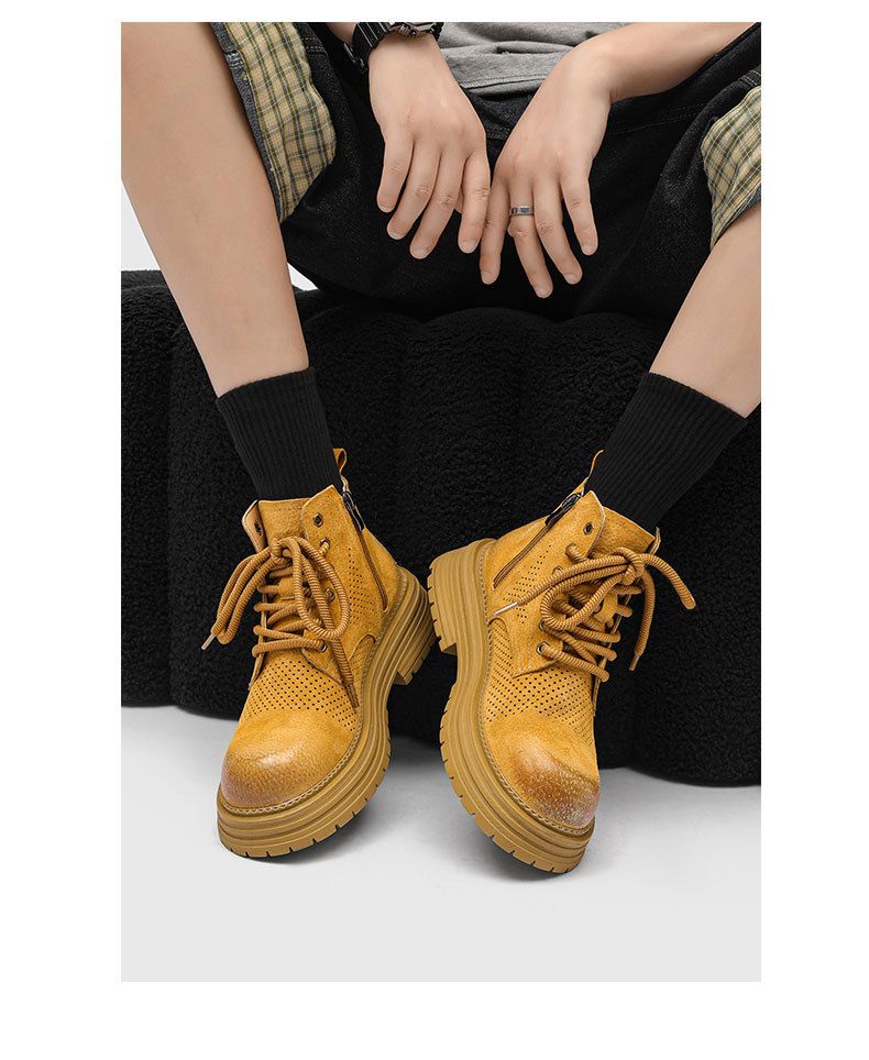 Big Yellow Boots Hollow Breathable Martin Boots Retro Tooling Boots Double Inner Height Boots_voghion.com