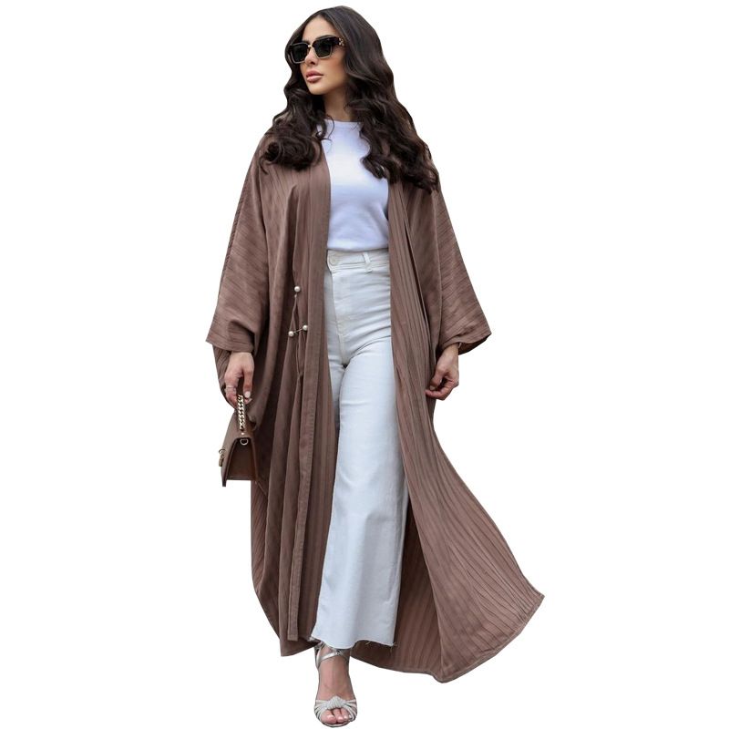 Verve MQ077 Muslim Women's Modest Fashion Turkish Striped Casual Plus Size Abaya Cardigan Robe_voghion.com