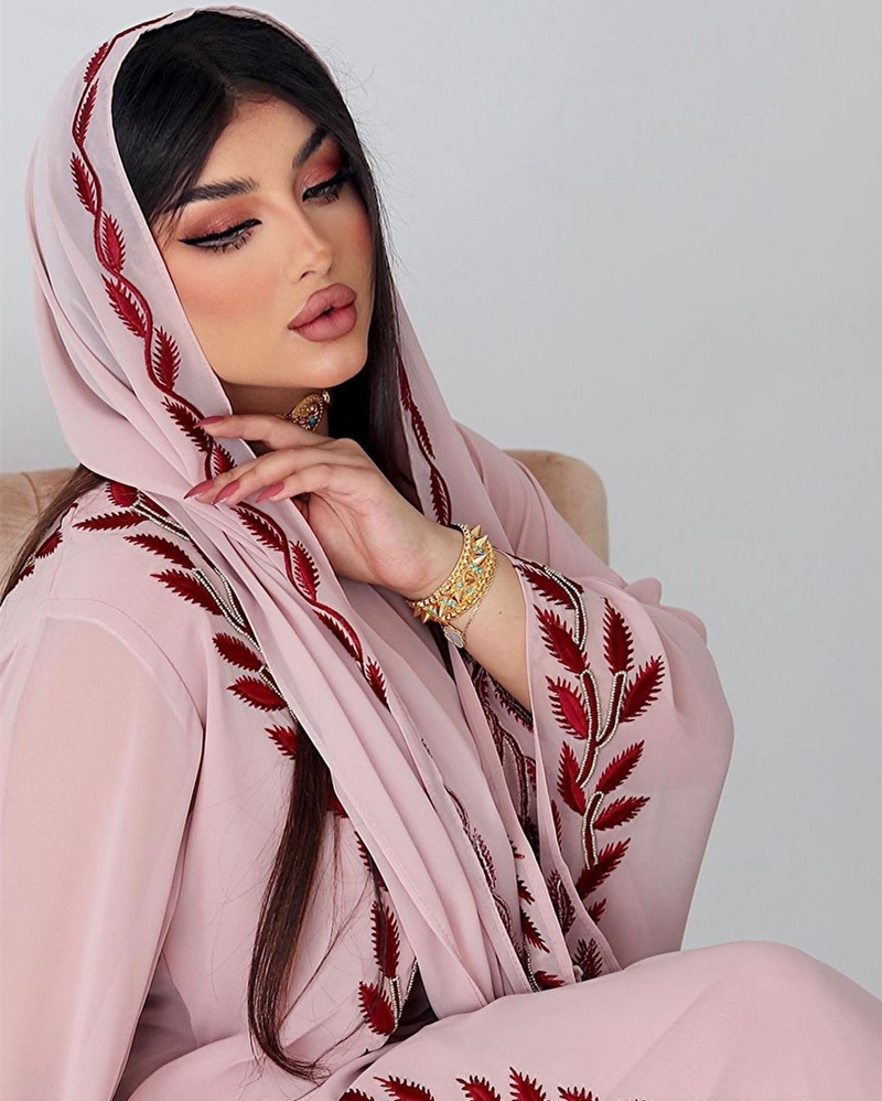 Damenmode Street Chiffon langes muslimisches besticktes rosafarbenes Rundhalskleid mit Hijab_voghion.com