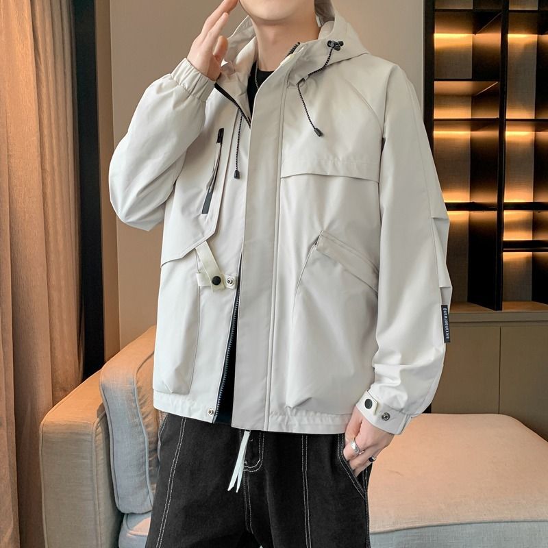 Giacca da lavoro con cappuccio, giacca casual ampia da uomo, giacca mimetica con colletto rialzato e tasche grandi_voghion.com