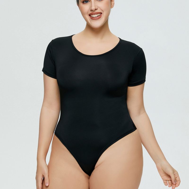 Body da donna taglie forti, tutto in uno, scollo rotondo, slip a maniche corte_voghion.com