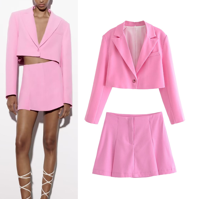 Conjunto de blazer curto feminino ZA com gola + minissaia larga plissada_voghion.com