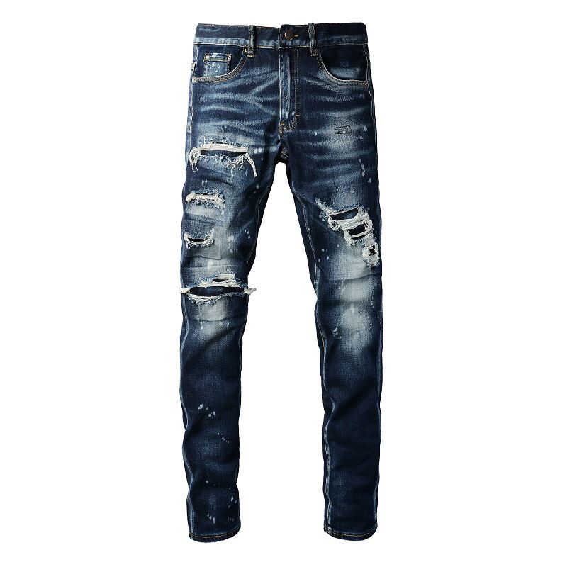 Men's Clothing Washed Old Cat Whisker Patch Hole Elastic Slim Fit Skinny Pants Ink Splash Jeans_voghion.com