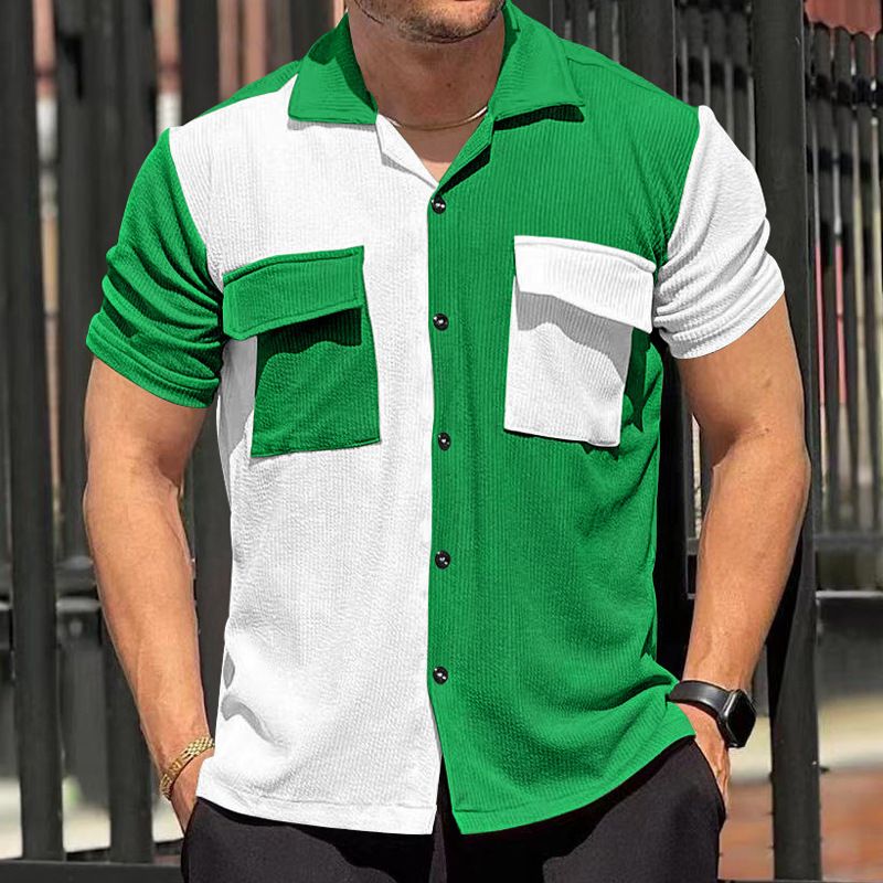 2024 Sommer Neue Herren Farbblock Ärmel Atmungsaktiv Freizeit Strand Hemd Kurze Taste Strickjacke_voghion.com