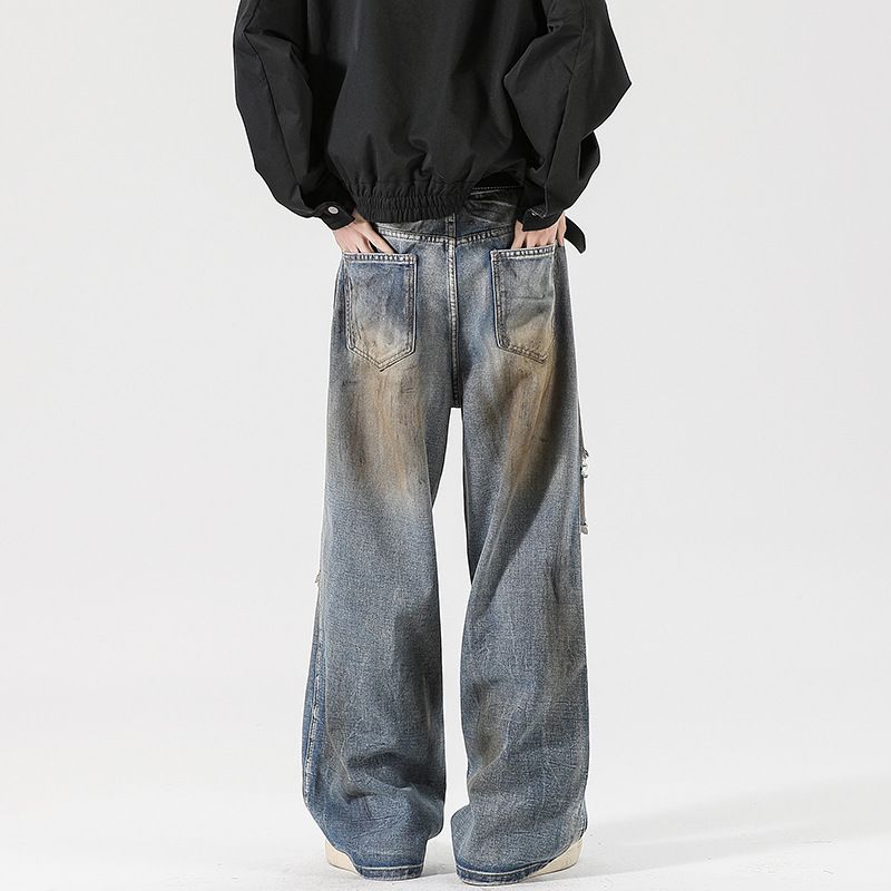 LKTM Herrenbekleidung # Gewaschene, kaputte, gebrauchte, schmutzige, fleckige Jeans für Männer und Frauen, lockere, gerade Röhre, trendige Marke, hoch C5b_voghion.com