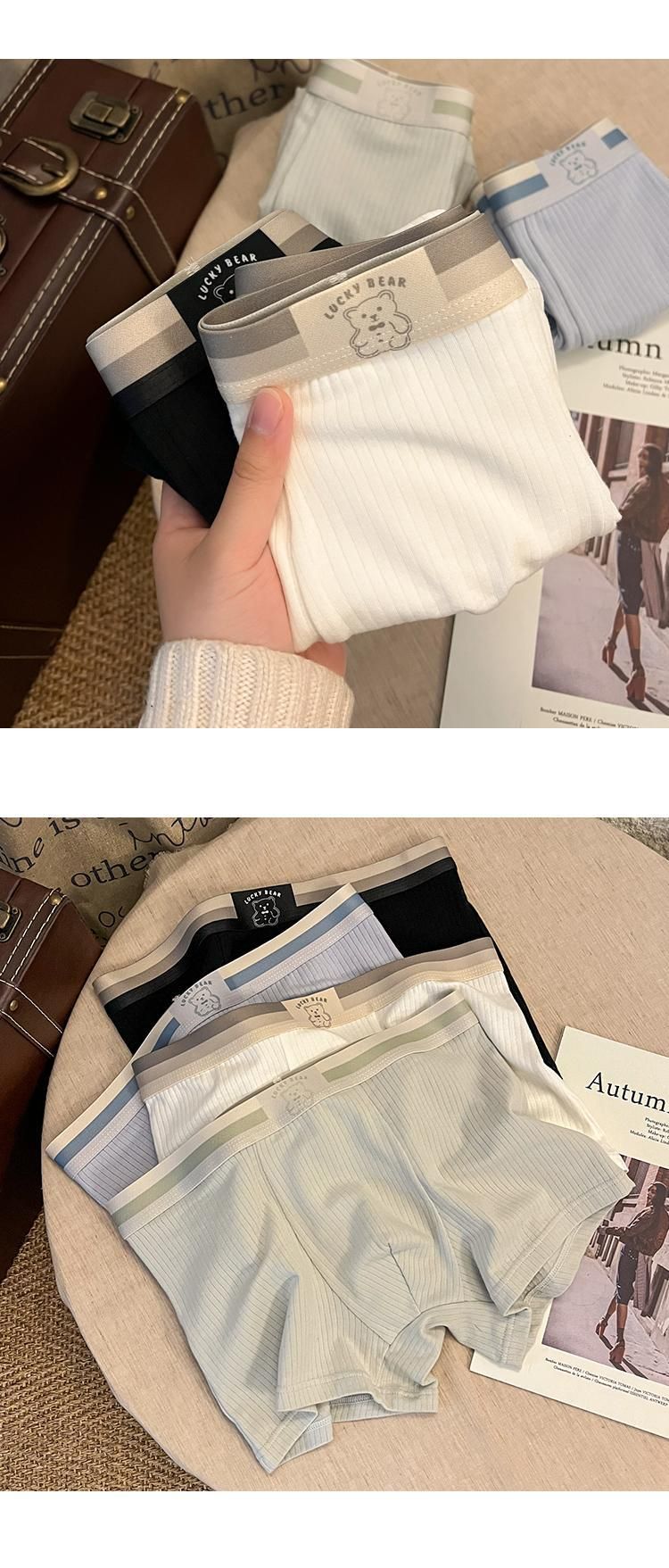 Intimo da uomo in puro cotone a righe Bear Fresh Underwear, boxer comodi e traspiranti per ragazzi_voghion.com