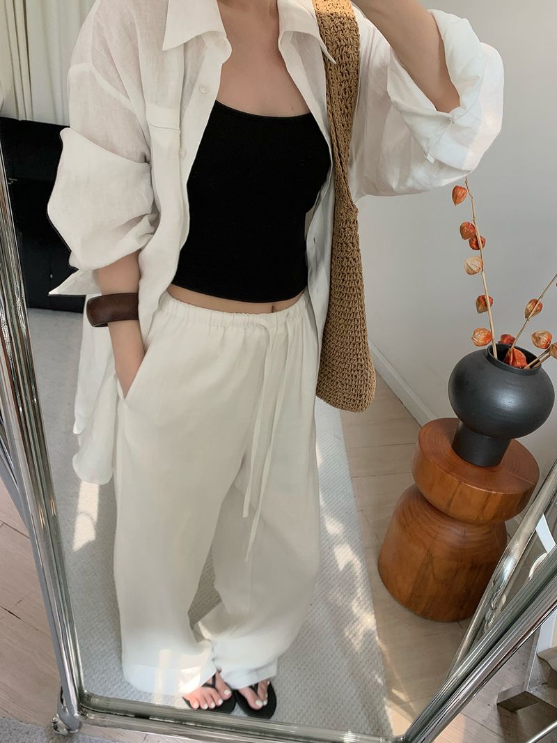 Atmungsaktive Hose aus Leinen-Baumwolle mit weitem Bein für Damen – Relaxed Fit Hose mit hoher Taille und geradem Bein und Kordelzug, lässige Loungewear für den Sommer in Weiß_voghion.com