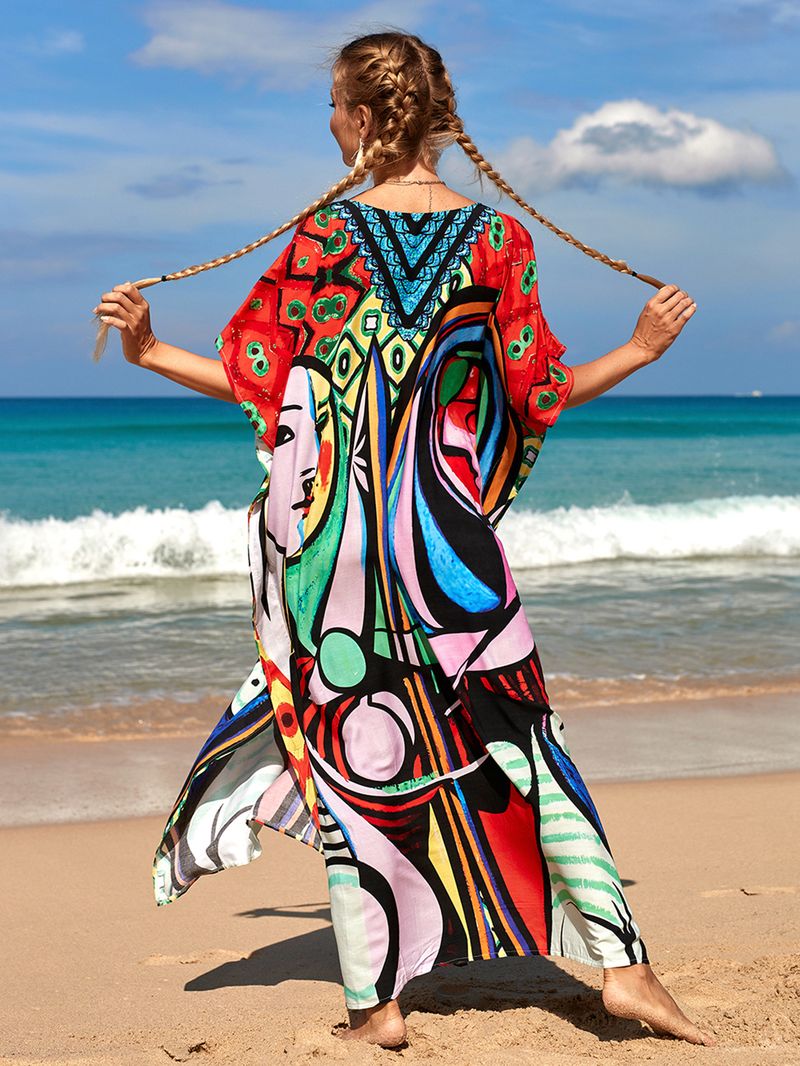 Strandkleid aus 100 % Baumwolle für Damen – Sonnenshirt mit Boho-Print, locker sitzende Bademode, Langarm-Tunika für den Urlaub am Pool_voghion.com