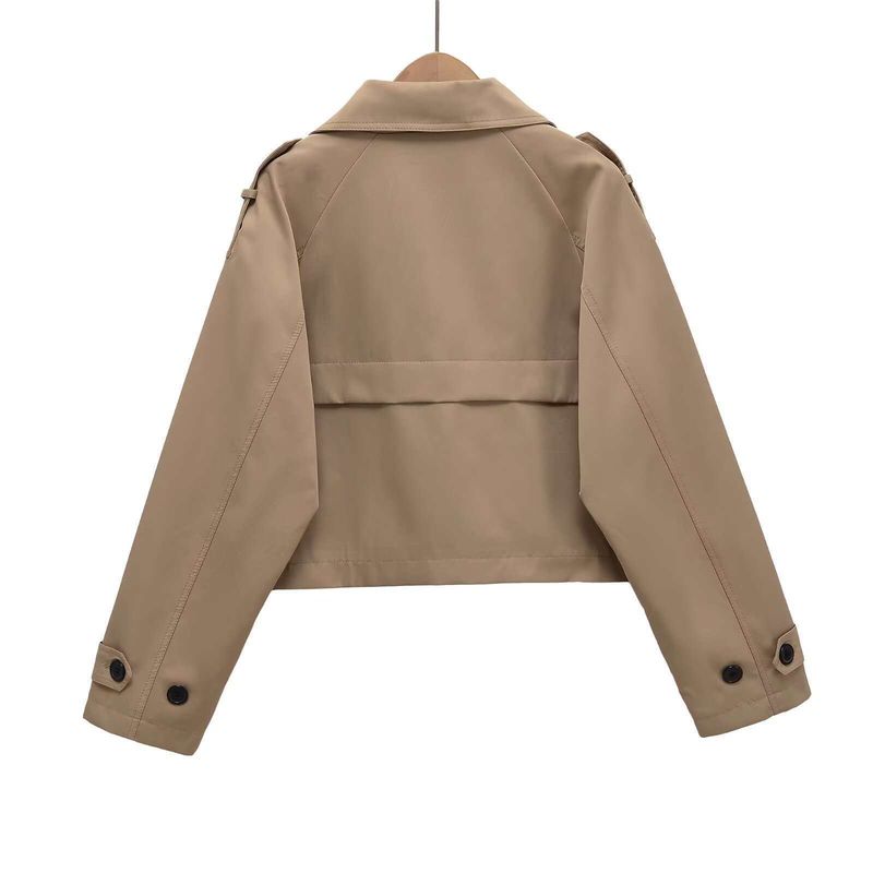Cappotto trench corto da donna a maniche lunghe con colletto rovesciato, stile autunnale doppiopetto_voghion.com