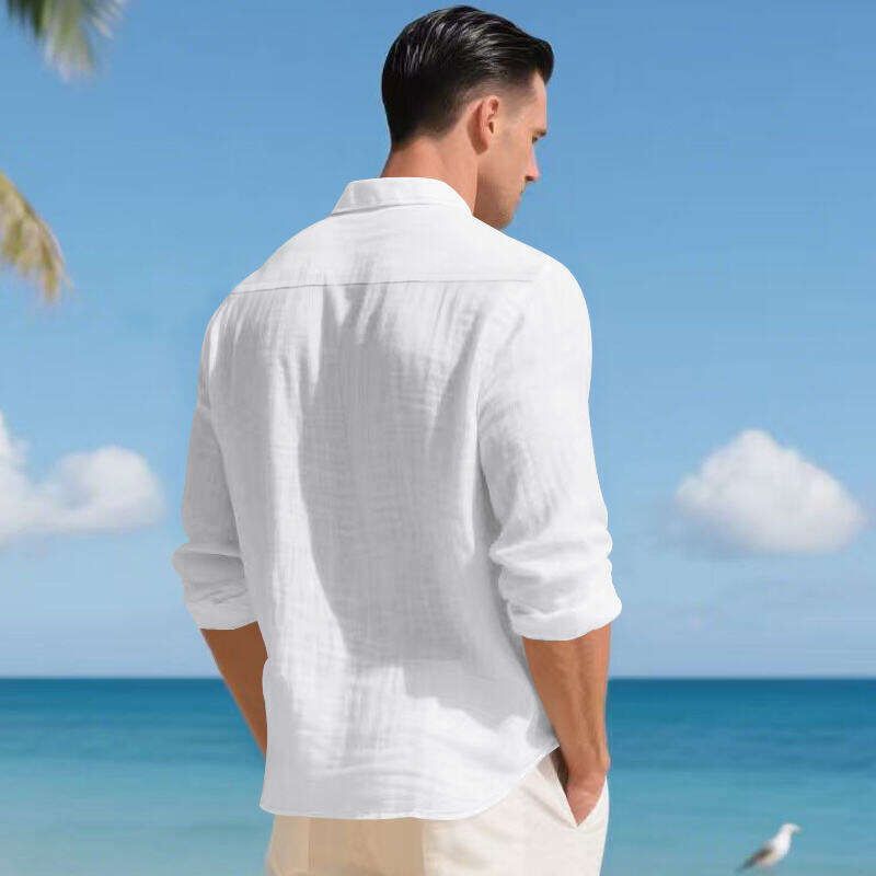 Chemise décontractée en lin pour homme – Chemise boutonnée respirante avec col à revers (blanc/noir/vert kaki/bleu clair, tailles S à XXXL)_voghion.com