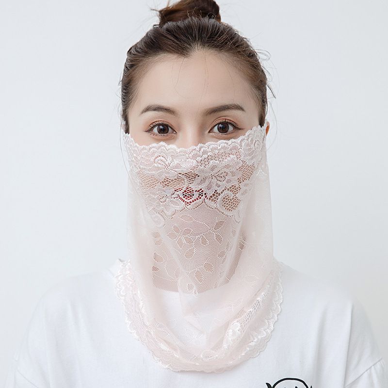 Velo de protección solar de encaje, fino, transpirable, integrado, para mujer, cuello, mascarilla facial completa de verano_voghion.com