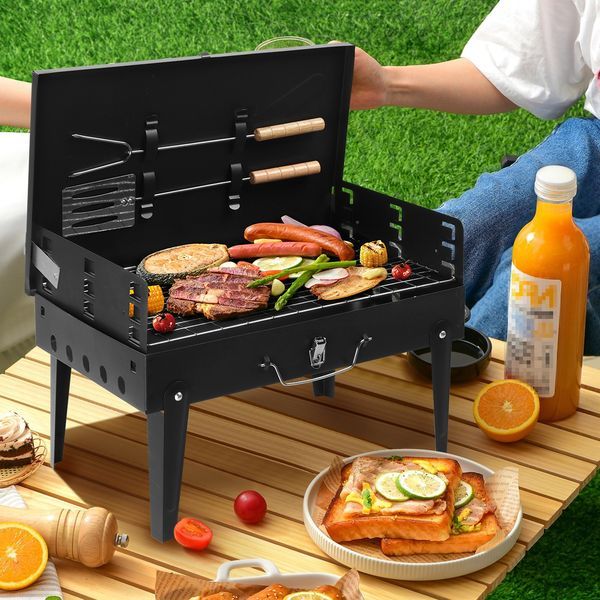 Barbecue Grill Outdoor Portable Charcoal Grill Collapsible Iron Square Charcoal Grill 17.32*10.63*8.66 Inch Black_voghion.com