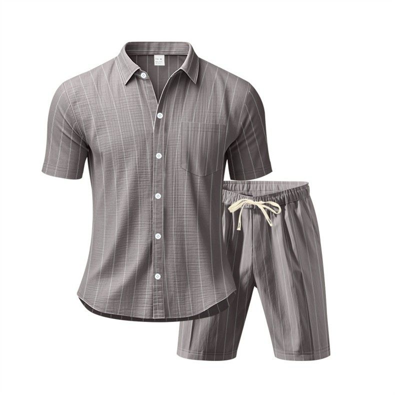 Vêtements pour hommes, costume d'été en lin pour hommes, chemise ample à manches courtes à rayures, short de plage, costume deux pièces_voghion.com