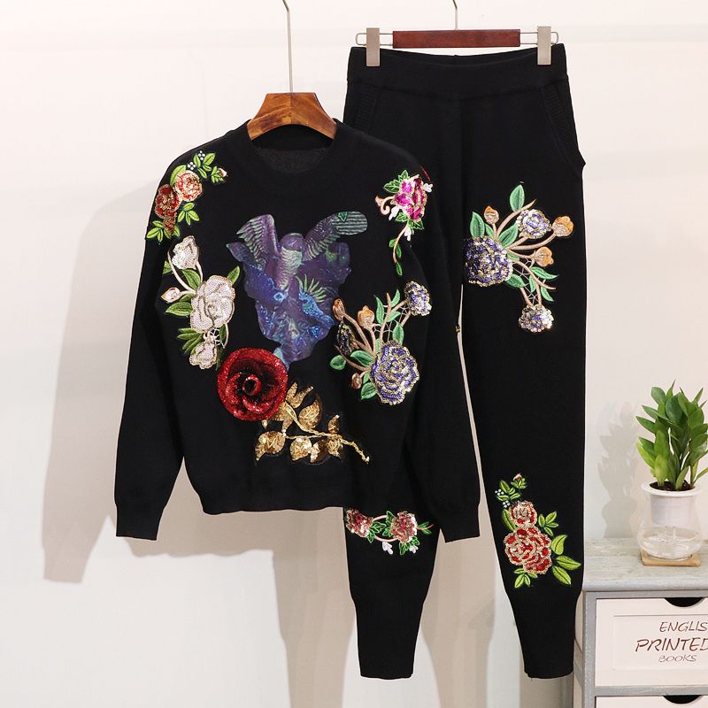 Damen-Pullover mit Pailletten und Blumen, langärmelig, Pullover, Hose mit kleinen Beinen, modischer Anzug für Damen_voghion.com
