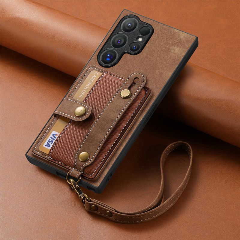 TechGlobe Cross-Border Suitable For Samsung S25 Ultra Retro Wrist Strap Phone PU Leather Card Slot Coin Protective Case_voghion.com