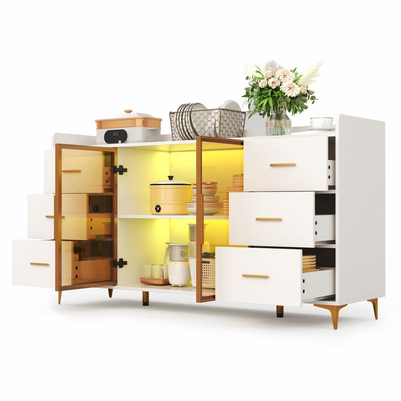 Küchenschrank Weiß 160x87cm, 6 Schubladen, Glastüren, LED-Beleuchtung, Goldgriffe_voghion.com