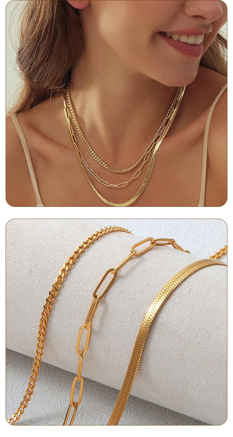 Women's Layered Plated Exquisite K Chain Herringbone Gold Necklace Set_voghion.com