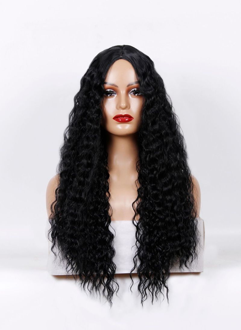 New wigs, long curly hair with middle parting, black corn perm, matte high temperature silk wigs, full headpiece_voghion.com