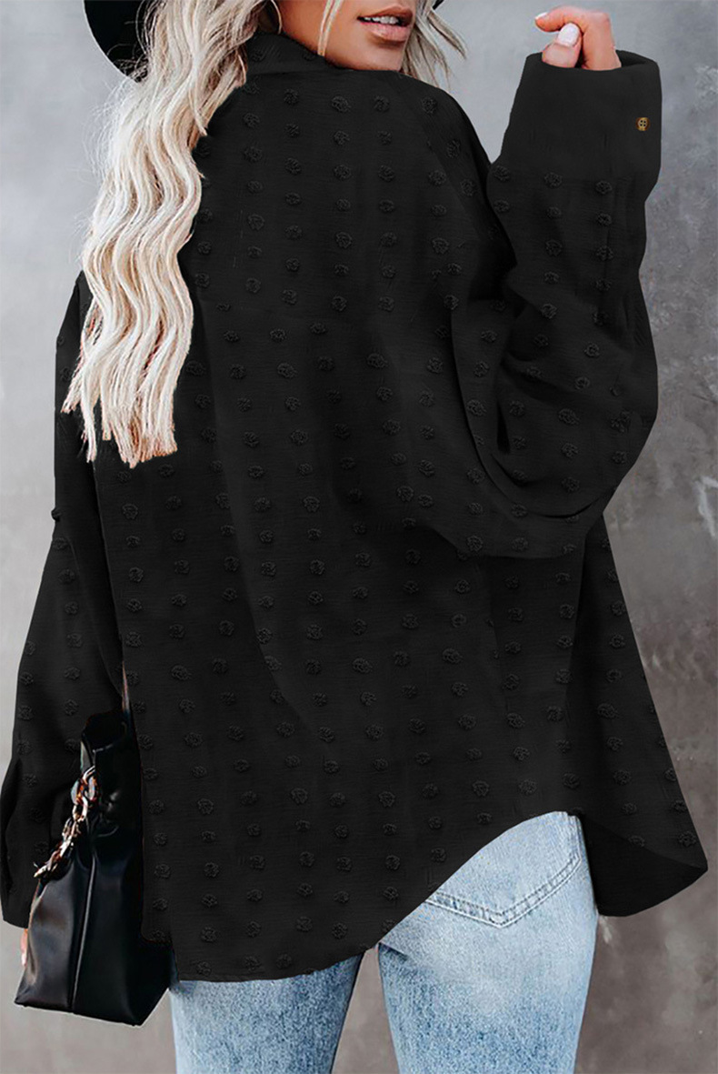 Dameklær Ensfarget chiffon-skjorte med jacquard-polokrage og lange ermer og løse knapper i cardigan-topp_voghion.com