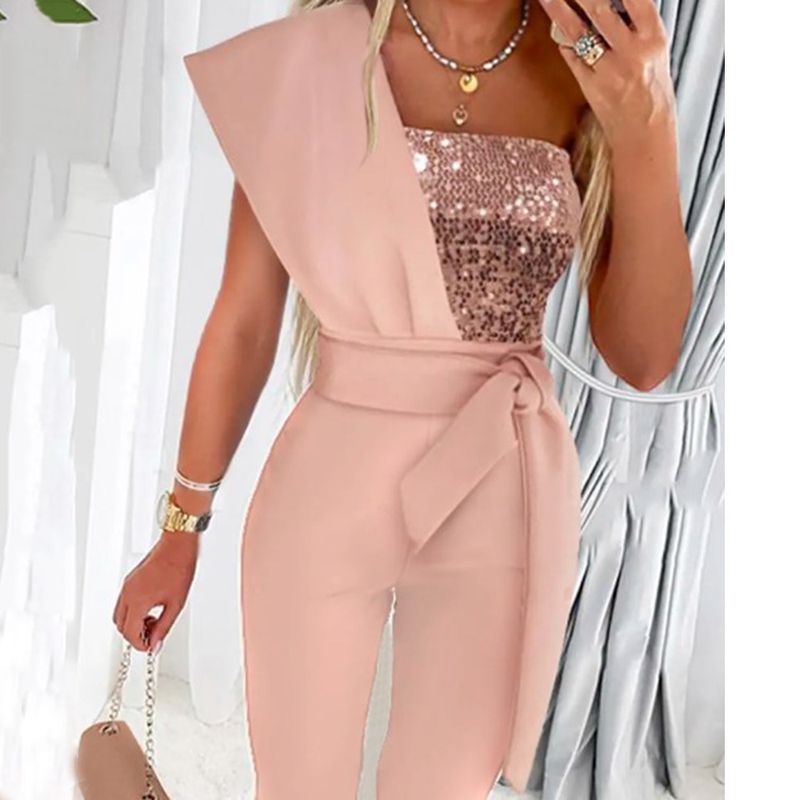 Damnyhet i enfärgad ärmlös bälte dekorerad jumpsuit slim fit skarvning paljetter dambyxor_voghion.com