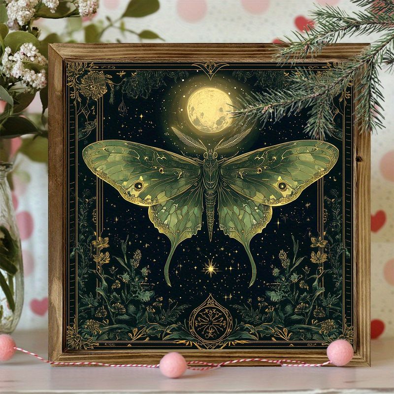 Vintage Green Luna Moth koka sienas māksla 8x8 collu ierāmēts dekors ar mistiskām nakts debesīm un ziediem, lieliski piemērots mājām, birojam vai lauku mājai — unikāla dāvanas ideja_voghion.com