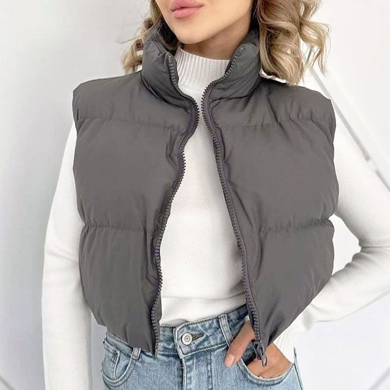 Gilet trapuntato da donna con collo alto, giacca imbottita senza maniche per autunno inverno, moda streetwear in bianco, nero, grigio_voghion.com