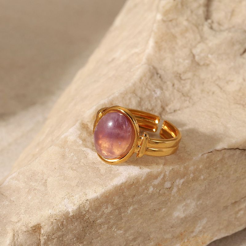 Wasserdichter Edelstahl Gold Oval Grün/Lila Halb Offen Mode Ring Schmuck für Frauen_voghion.com