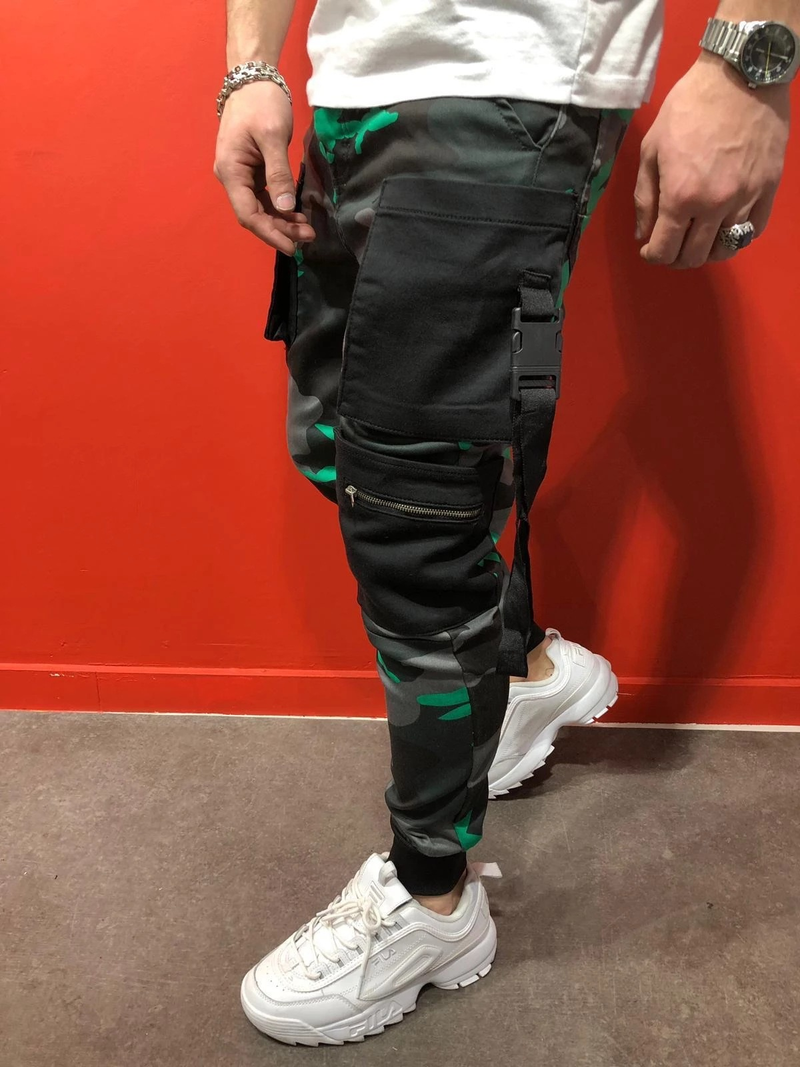 Color Block, Cargo-bukser med snøring for menn med klafflommer, komfortable joggebukser_voghion.com