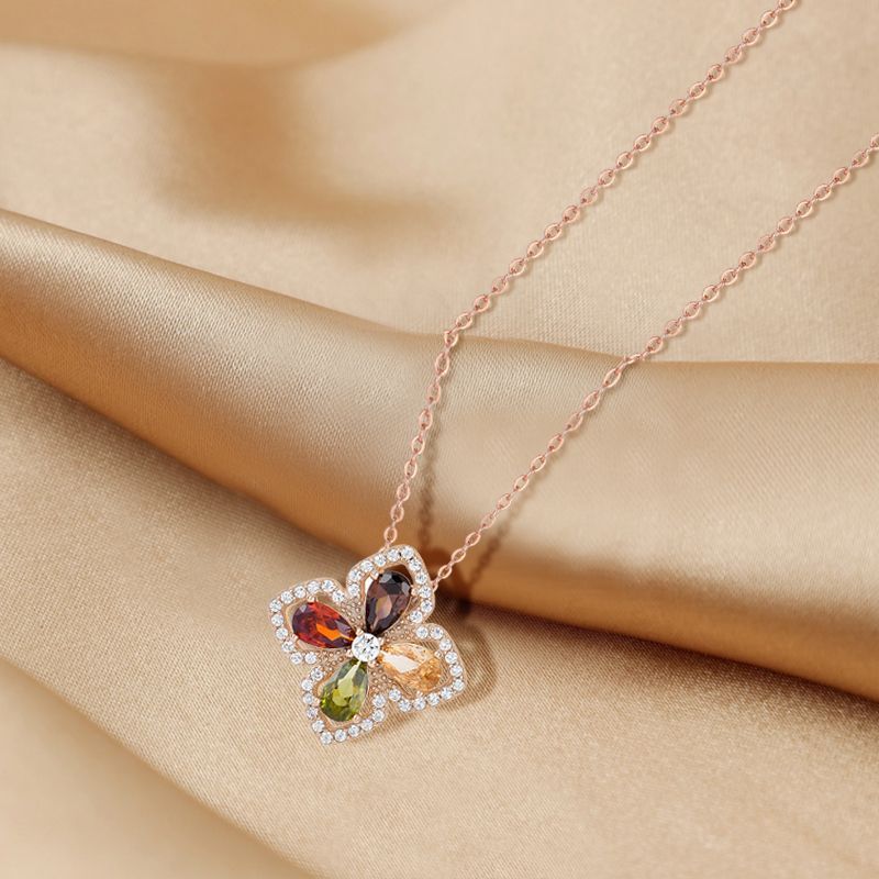 Gioielli con pietre preziose colorate, collana con quadrifoglio intarsiato, anello, orecchini, set da tre pezzi, gioielli in argento sterling S925_voghion.com