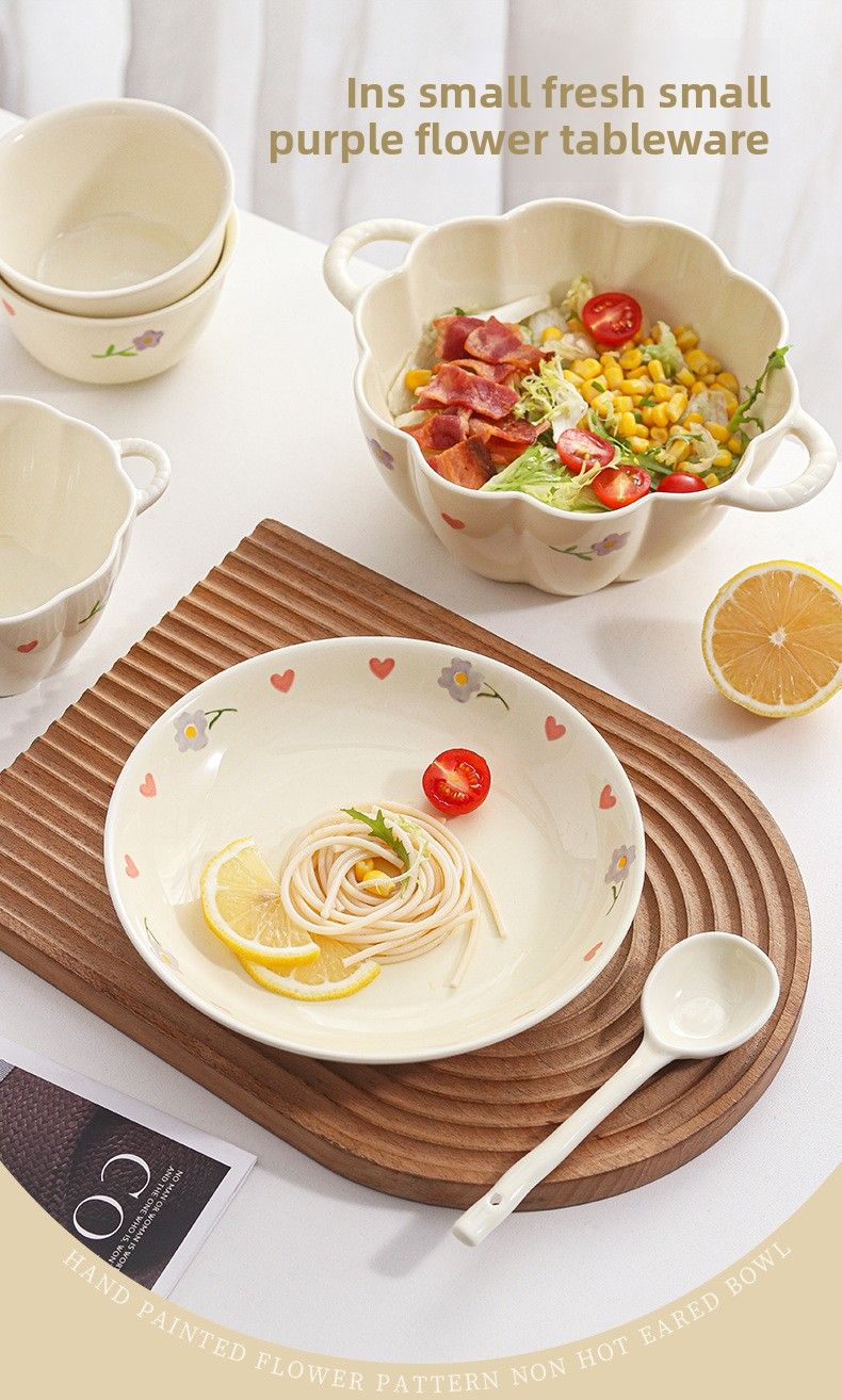Wisteria Cream Style Ins Set Household Rice Ceramic Plate Double Ear Noodle Large Soup Bowl With Spoon_voghion.com