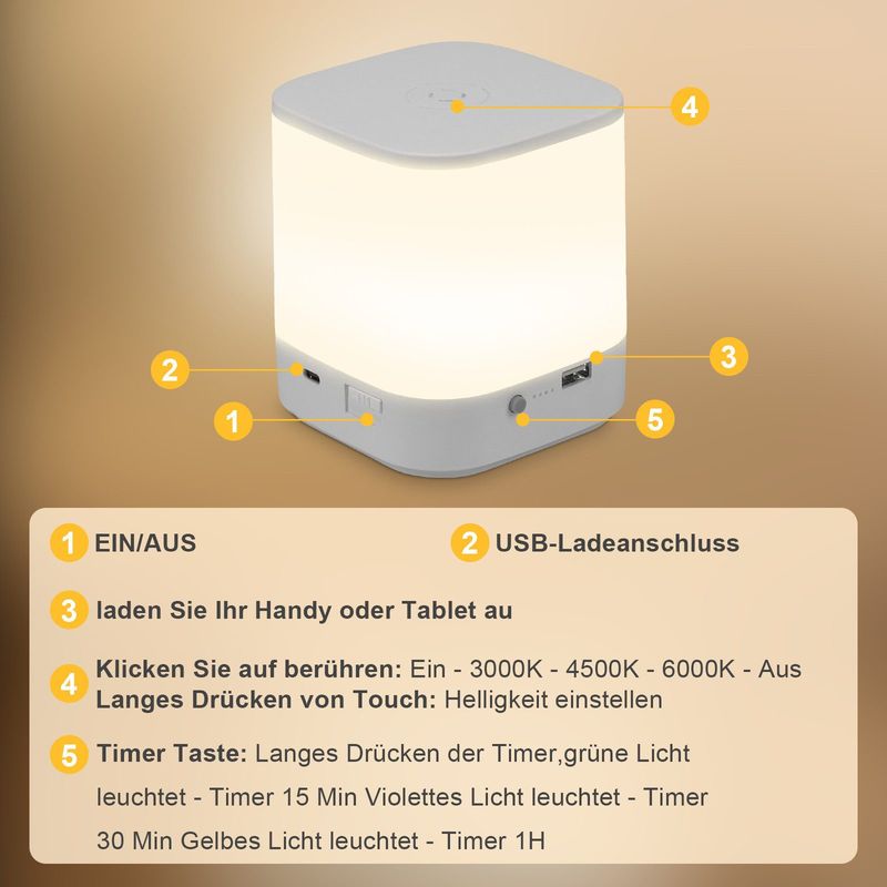 Glitzerlife LED Nachttischlampe 1800mAH 2ER Touch Dimmbar - Weiß Akku USB Aufladbar Nachttischlampe Kabellos Mit 3 Farbtemperatur&Timing Funktion Nachtlicht_voghion.com