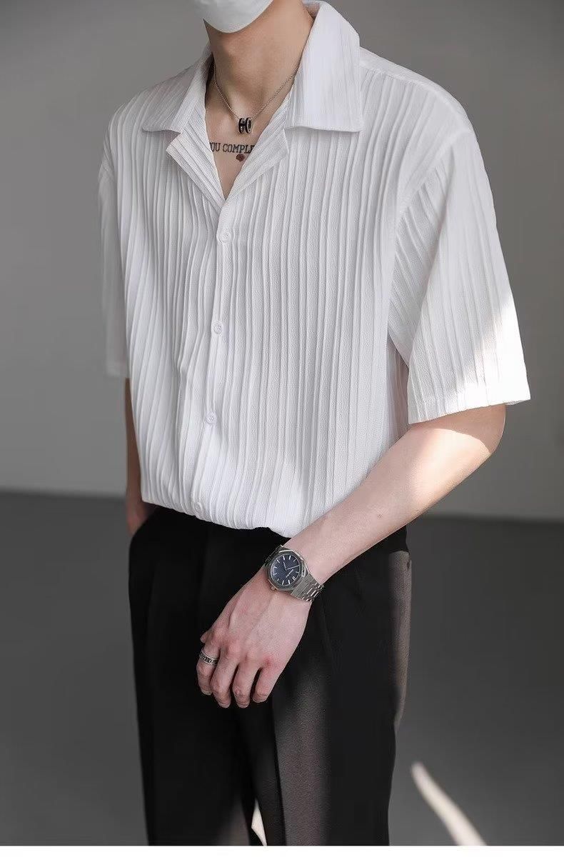 Camicia casual da uomo, leggera, stile maturo, in seta ghiacciata, con colletto drappeggiato, a maniche corte, bianca_voghion.com