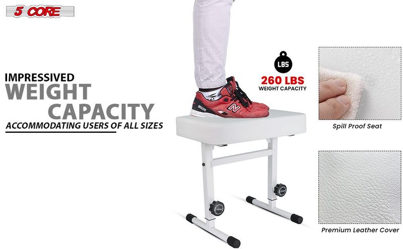 5 CORE Keyboard Bench Piano Stool T Style White Thick Padded Cushion Seat | Height Adjustable 17 To 22 Inch | Keyboard Chair (PU Leather) KBB H-ADJ WH_voghion.com