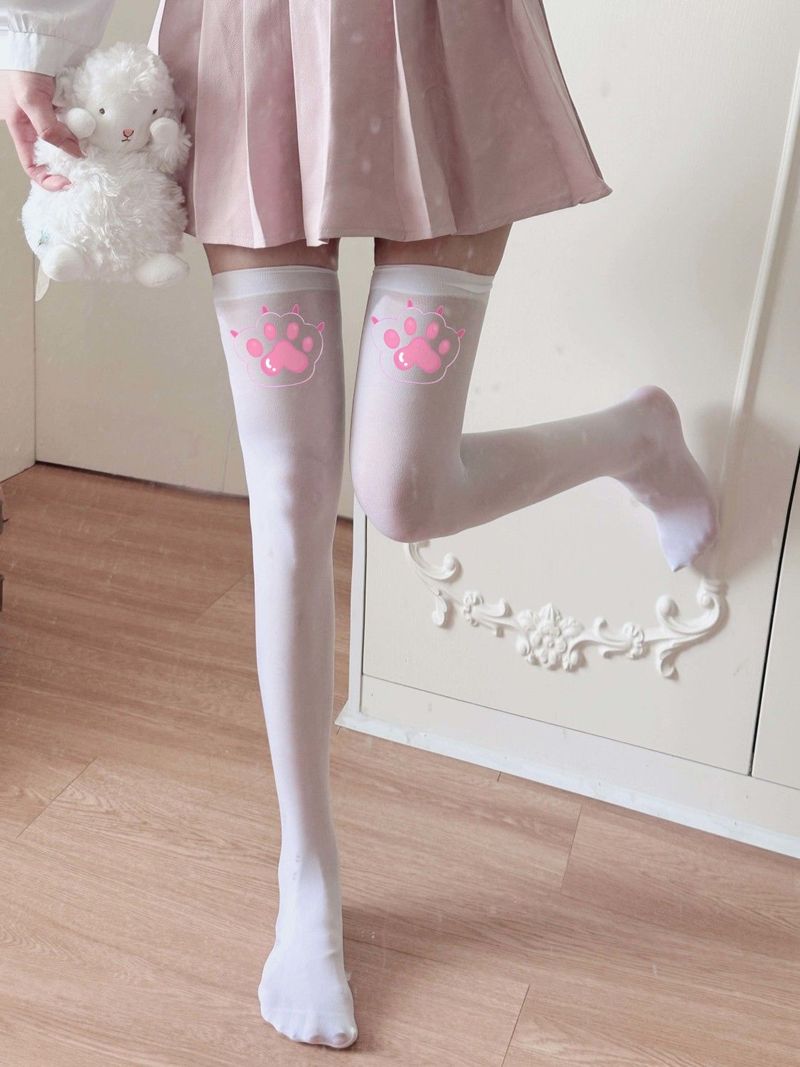 Textsocken Damen, weiße Seidenstrümpfe, dünner süßer Katzenpfotenabdruck, lange Schlauchsocken der Subkultur, Overknee-Socken für Damen_voghion.com