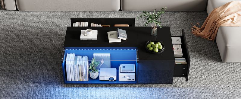 Table basse LED 100 x 50 x 35 cm avec rangement, table de salon en verre noir brillant avec 2 tiroirs, table d'appoint de canapé moderne_voghion.com